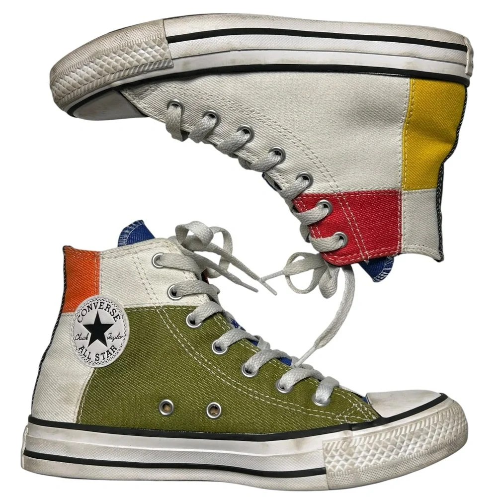 CONVERSE | Chuck Taylor Hi Top Patchwork Sneaker - White‎ + Multi - Sz Youth 3.5